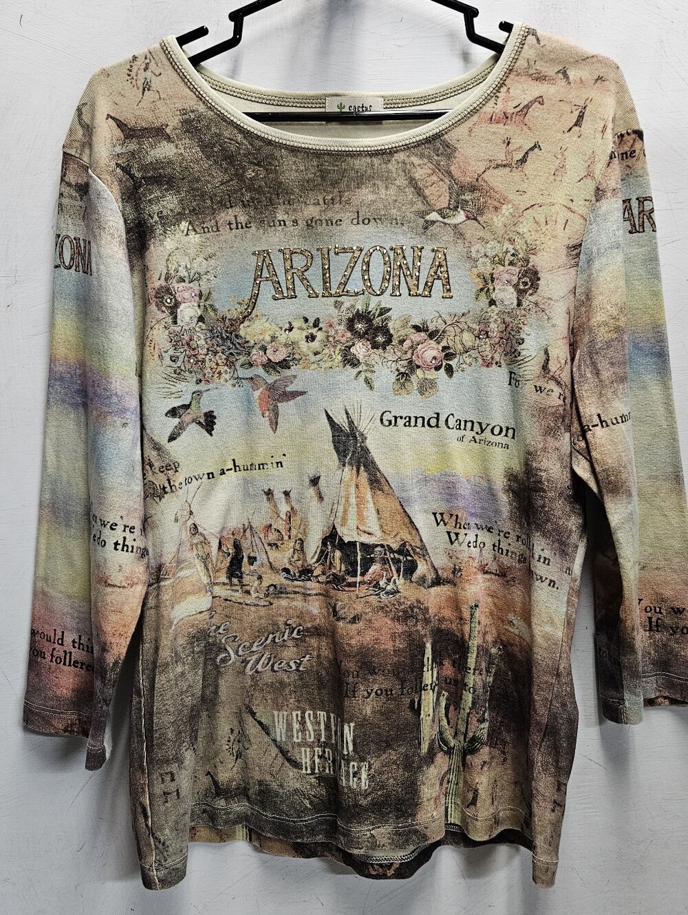 ARIZONA cactus Brand Womens Large 3/4 Sleeve Shirt Allover Graphic Bejeweled